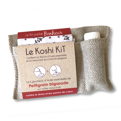 Koshi Kit huile essentielle et mouchoir en tissu. Thème Bonheur