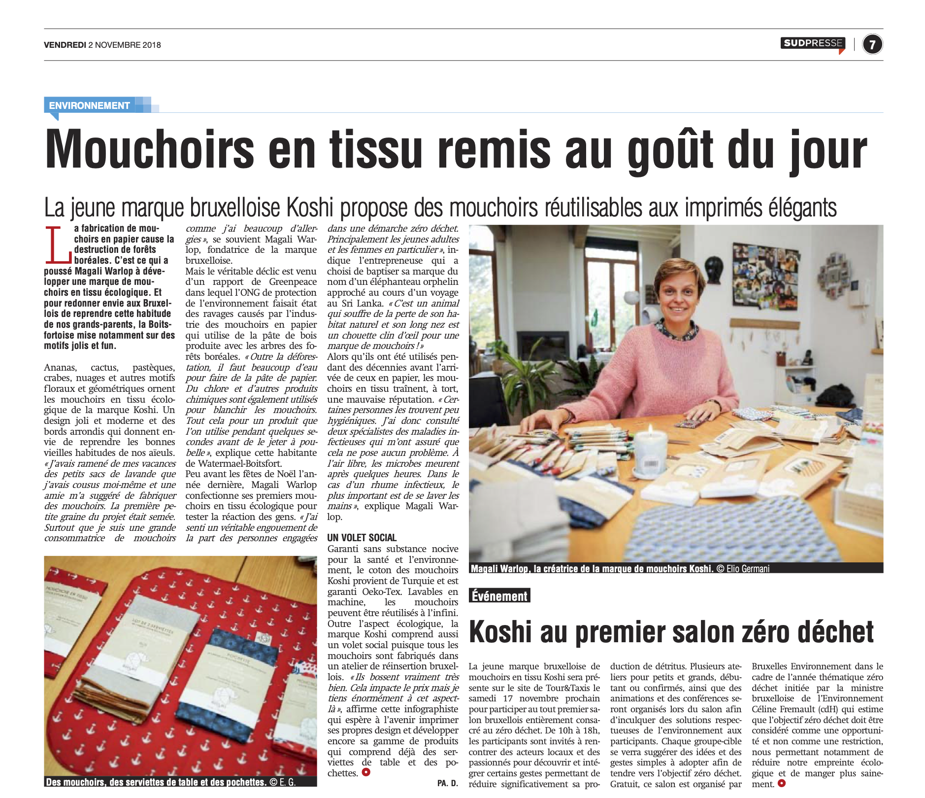 La capitale article sur Koshi qui remet les mouchoirs en tissu au gout du jour