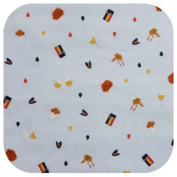 Mouchoir en tissu réutilisable avec motifs belges : frites, gaufres, chocolat et moule