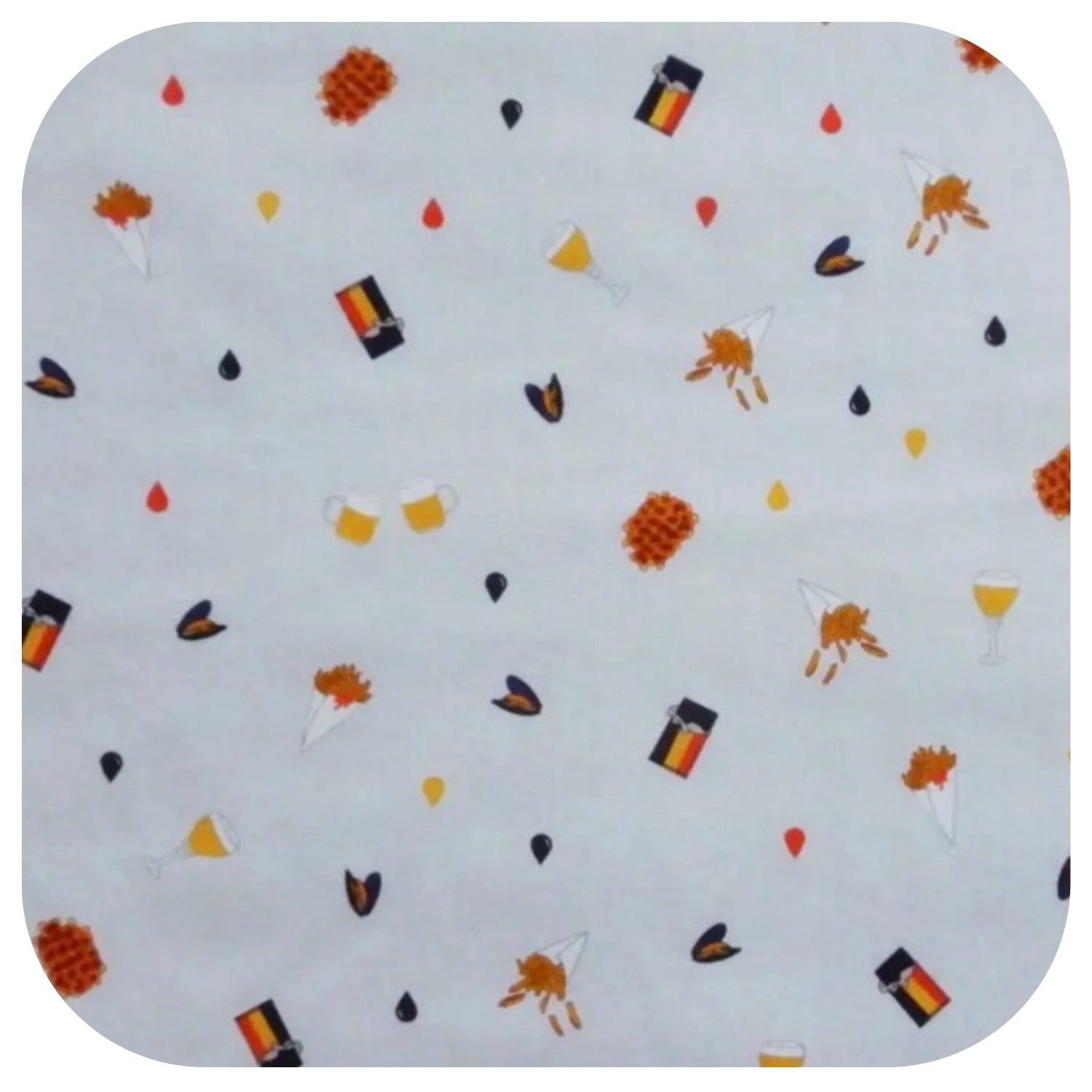 Mouchoir en tissu réutilisable avec motifs belges : frites, gaufres, chocolat et moule