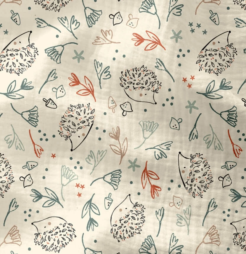 Serviette en double gaze de coton avec motif hérissons, format 35 x 40 cm
