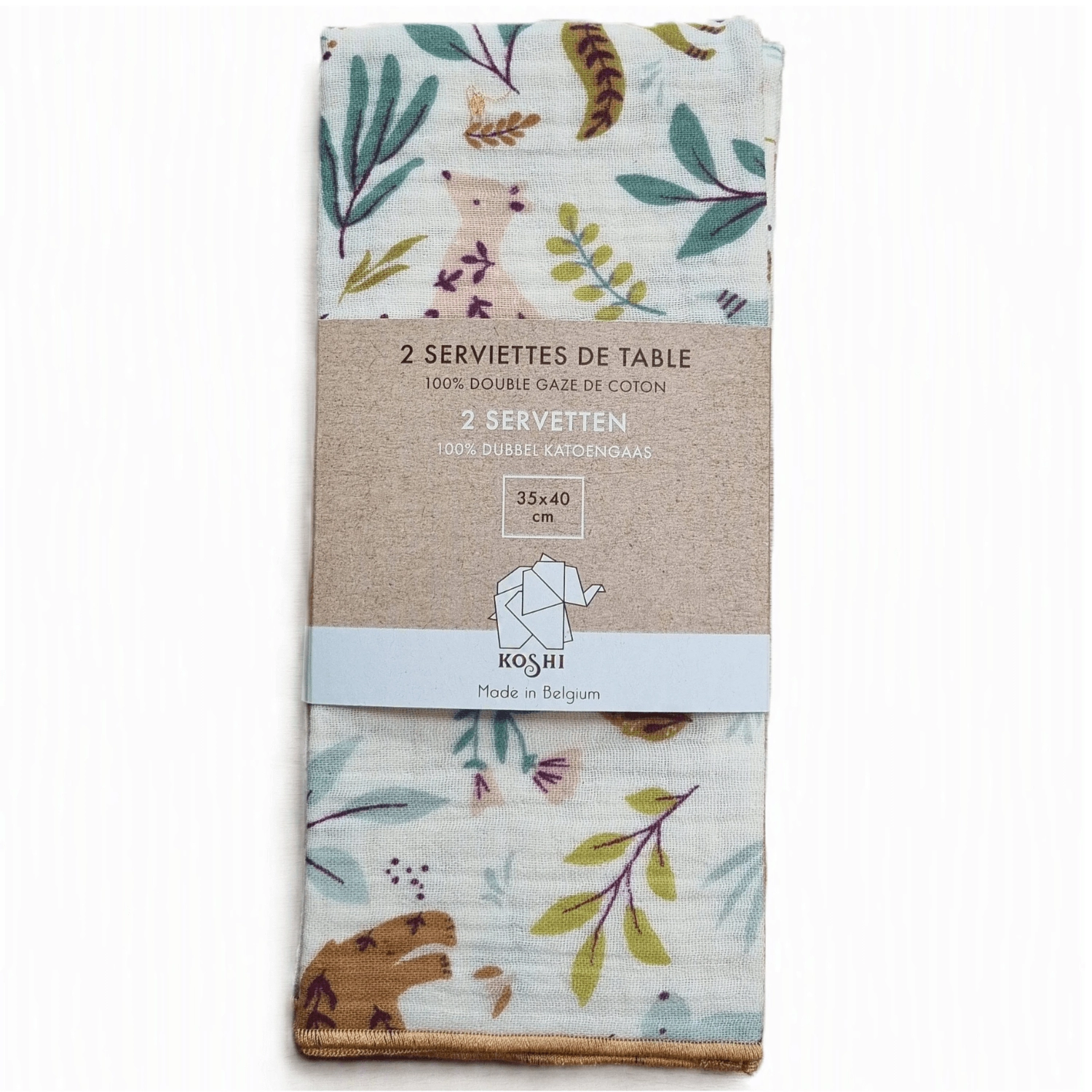 Serviette en double gaze de coton avec motifs d’animaux de la forêt, format 35 x 40 cm