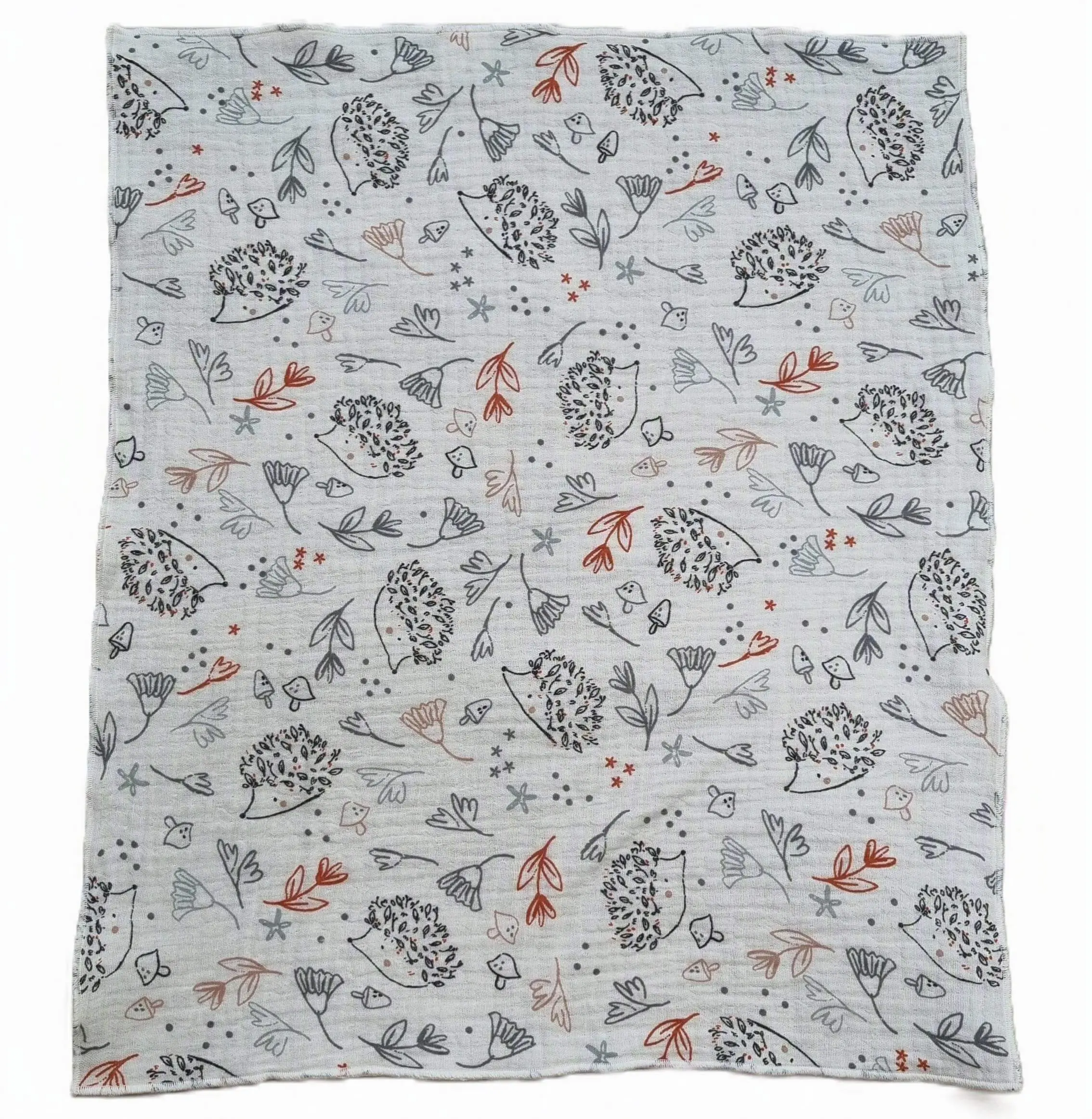 Serviette en double gaze de coton avec motif hérissons, format 35 x 40 cm